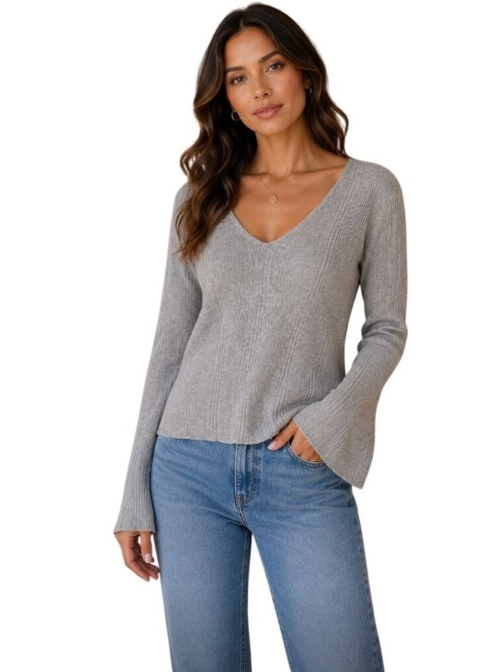 Naadam V-neck silk Cashmere sweater w/ Bell Sleeves - Size S